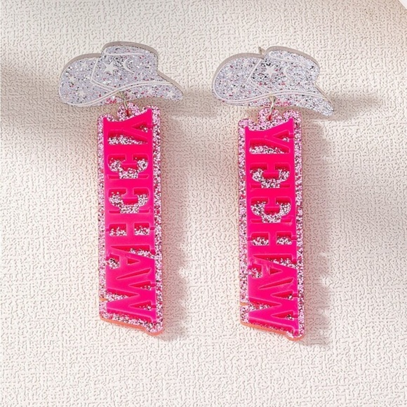 Accessories - Pink and Silver Glitter 'Yeehaw' Earrings